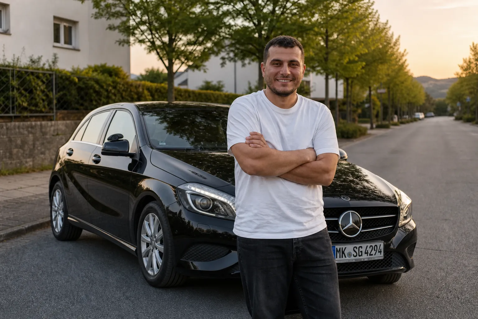Fahrlehrer Sedat Günes vor seiner schwarzen Mercedes A-Klasse